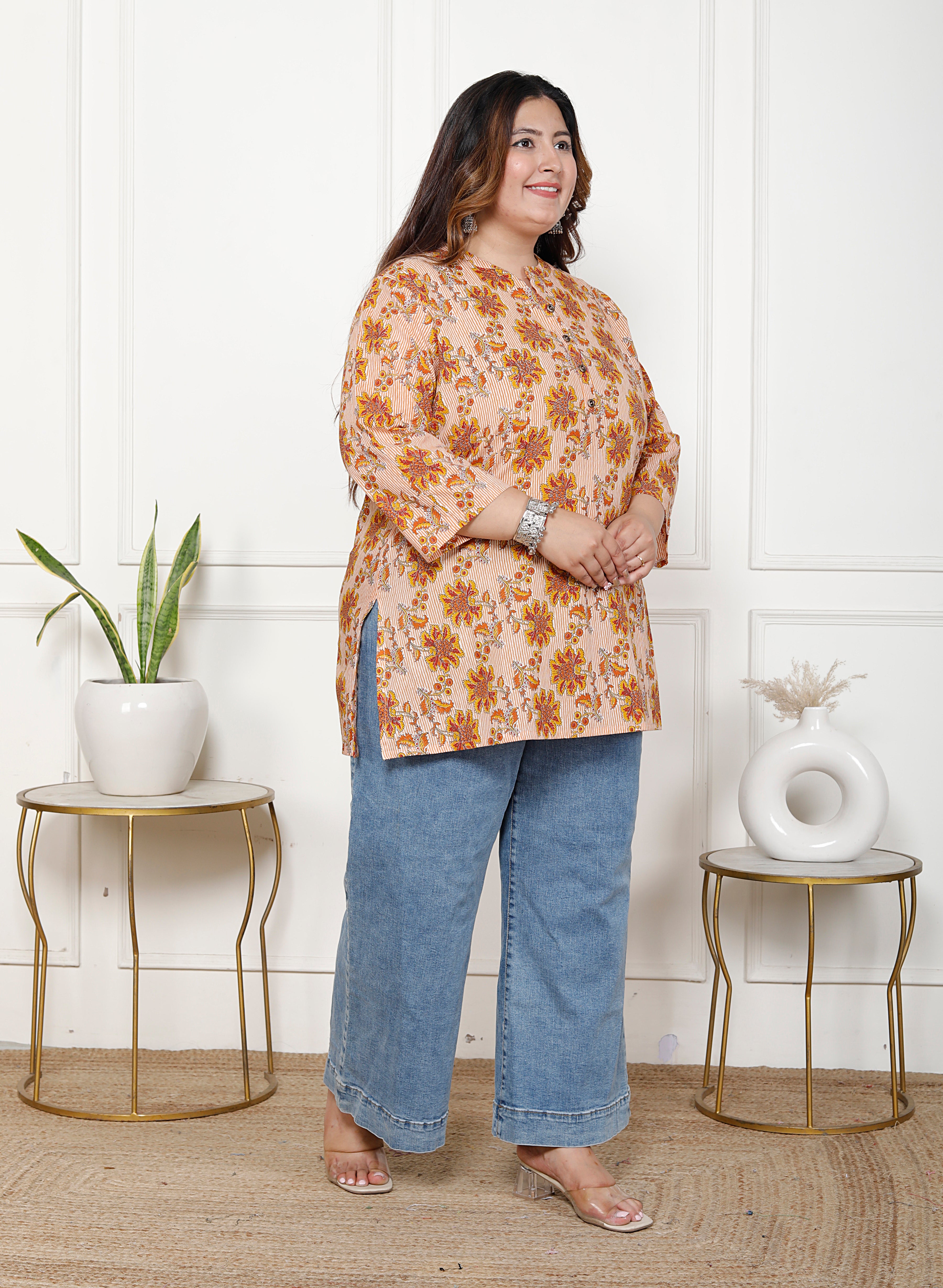Plus Size Pink Cotton Printed Short Kurta-300017
