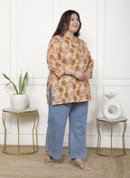 Plus Size Pink Cotton Printed Short Kurta-300017