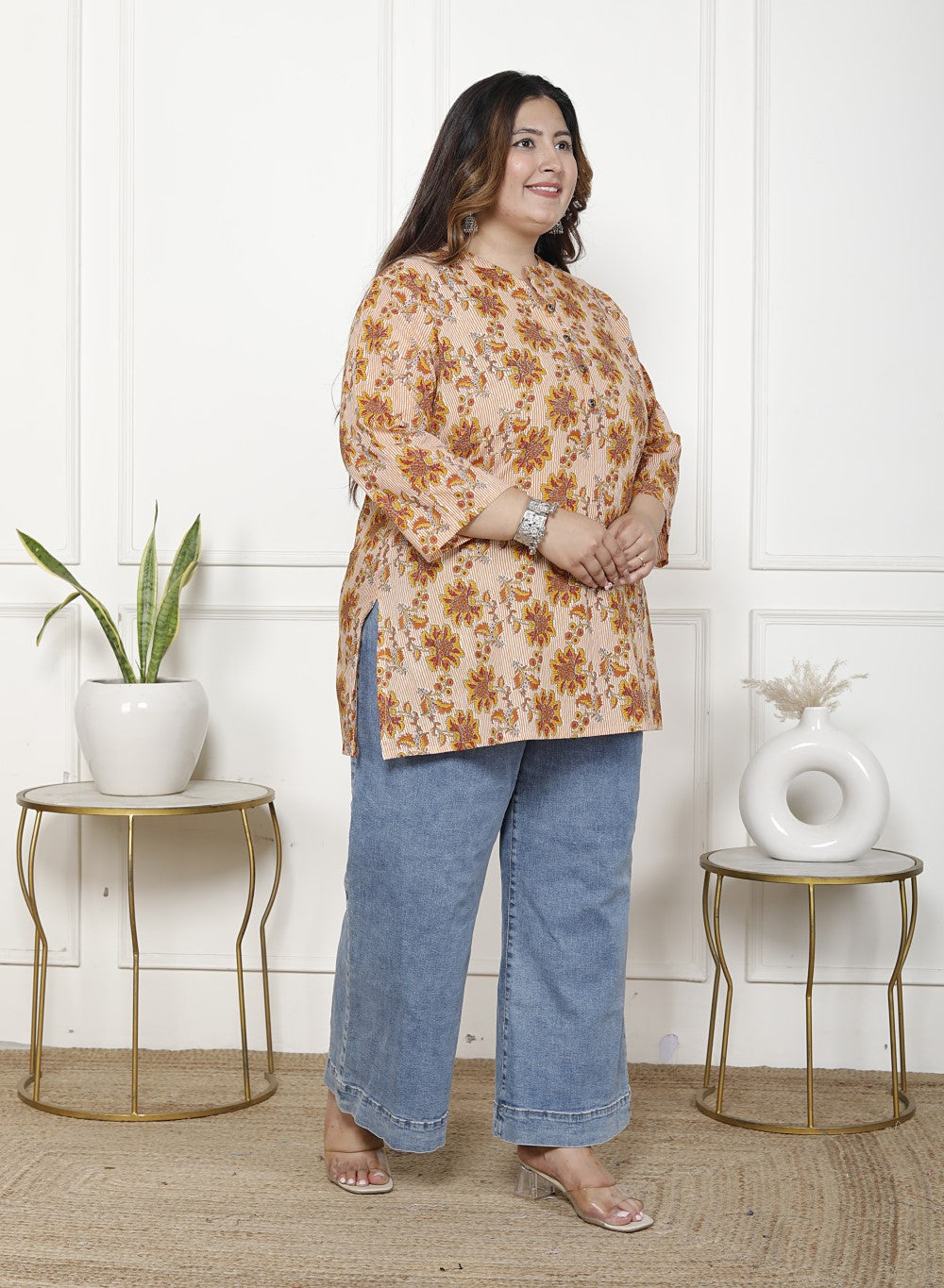 Plus Size Pink Cotton Printed Short Kurta-300017