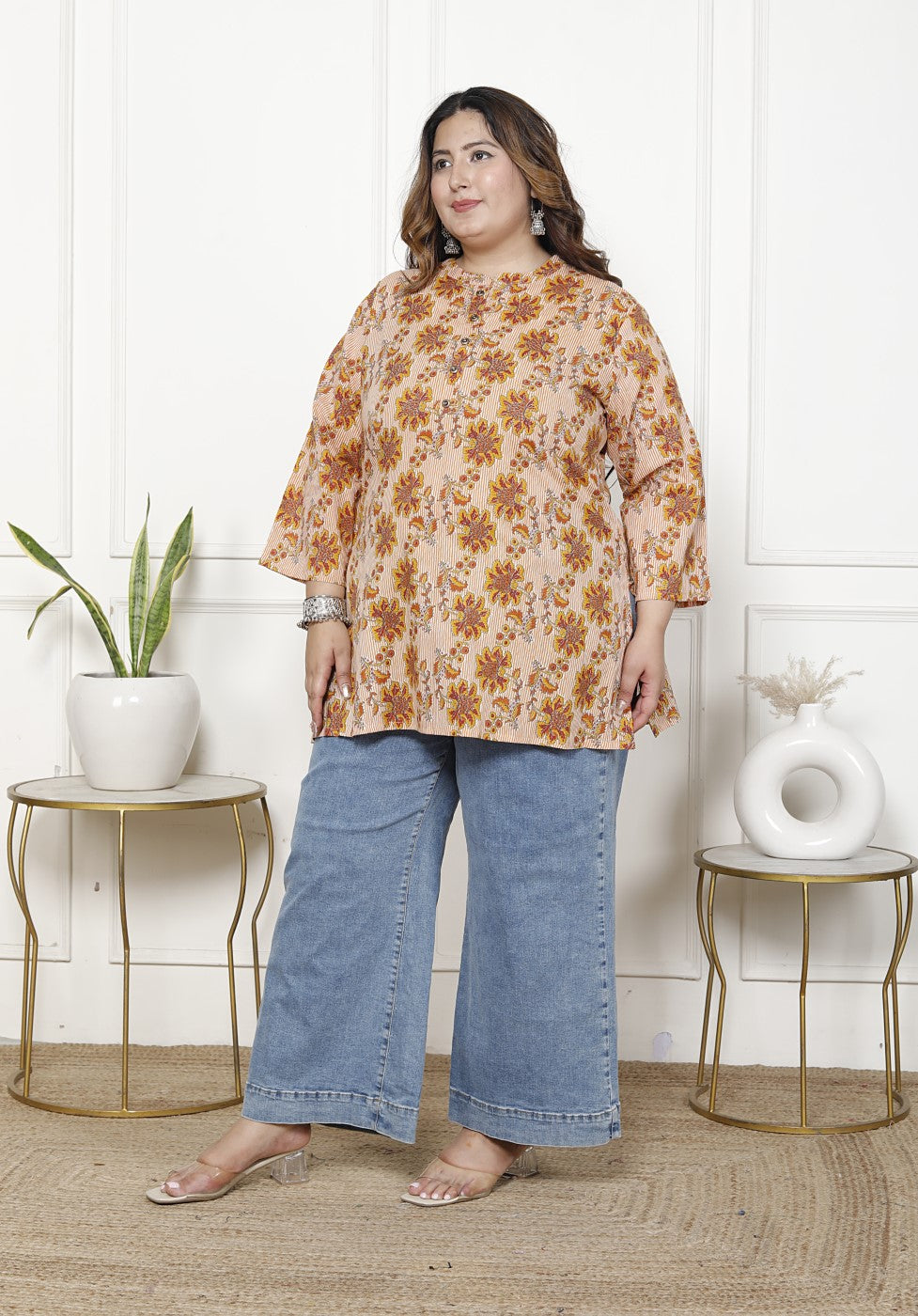 Plus Size Pink Cotton Printed Short Kurta-300017