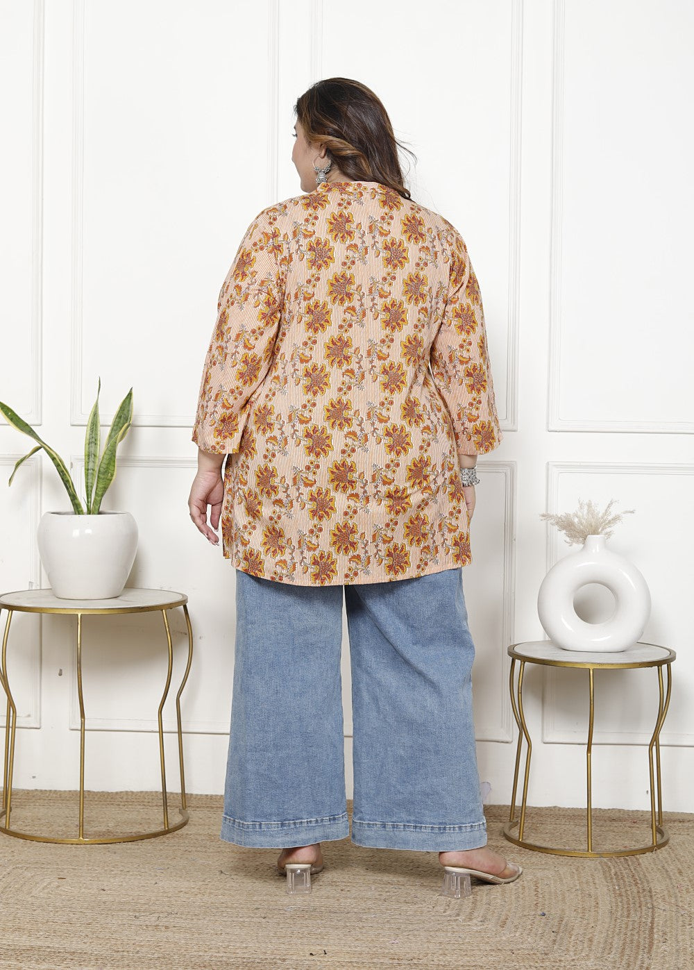 Plus Size Pink Cotton Printed Short Kurta-300017