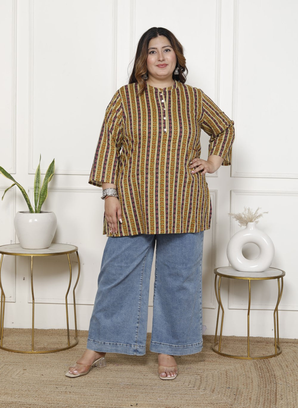 Plus Size Green Cotton  Floral Print Short Kurta-300018