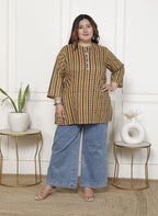 Plus Size Green Cotton  Floral Print Short Kurta-300018