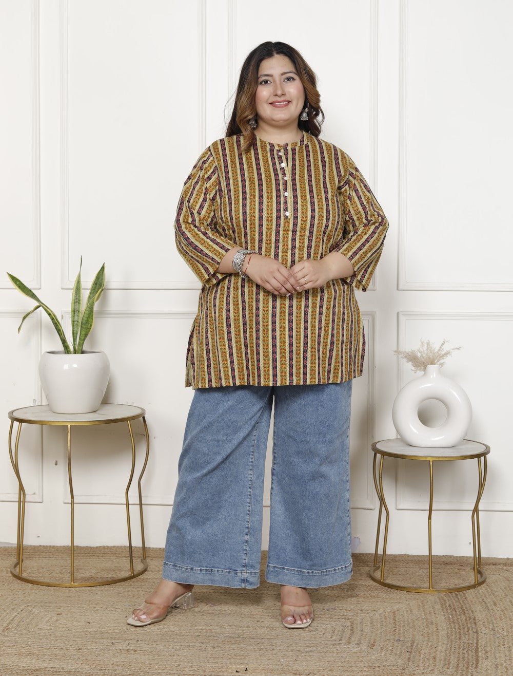 Plus Size Green Cotton  Floral Print Short Kurta-300018