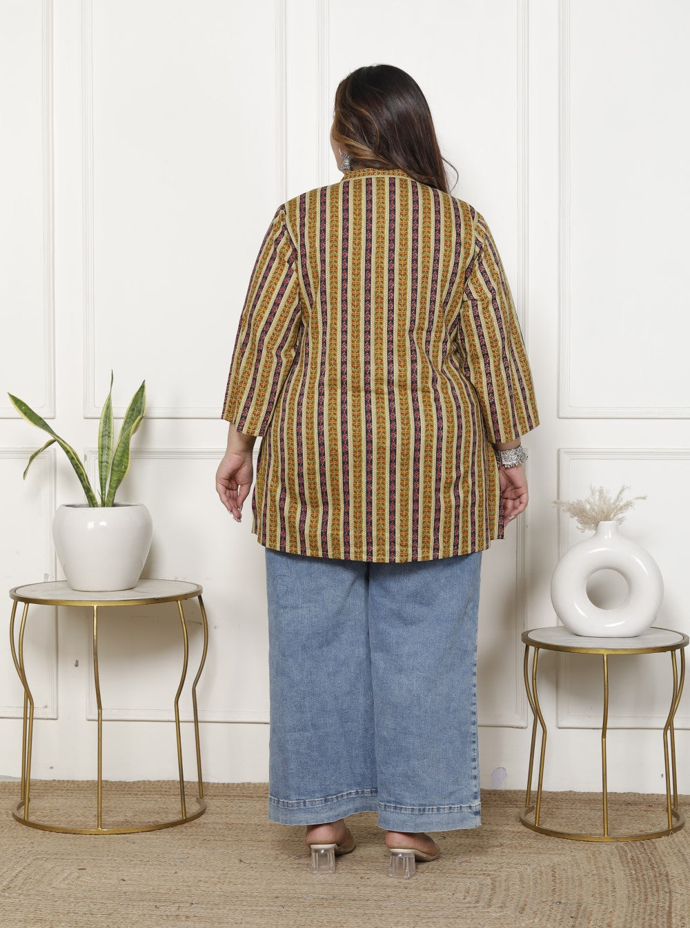 Plus Size Green Cotton  Floral Print Short Kurta-300018