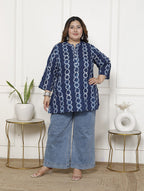Plus Size Blue Cotton Printed Short Kurta-300019