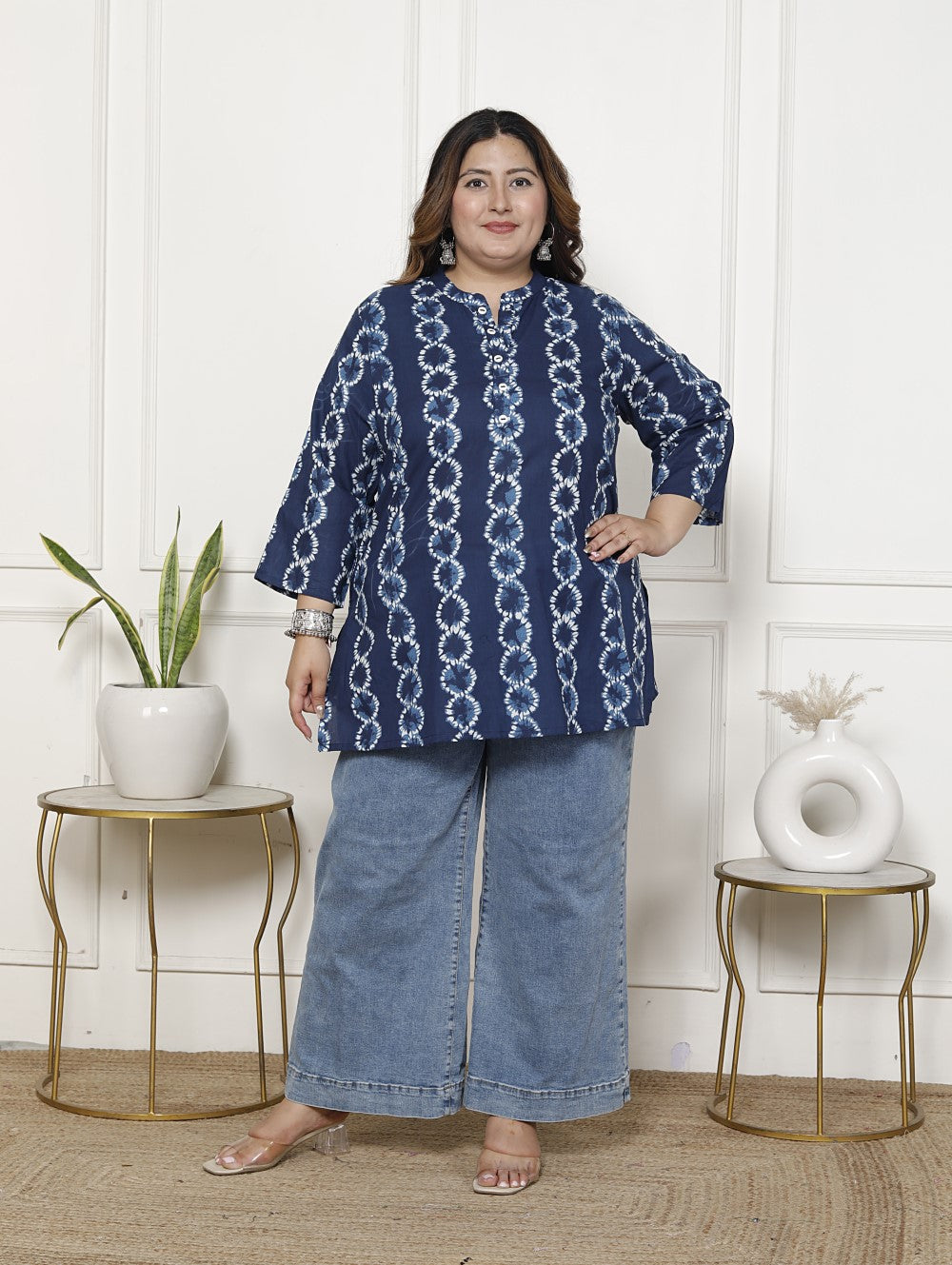 Plus Size Blue Cotton Printed Short Kurta-300019