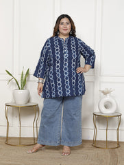 Plus Size Blue Cotton Printed Short Kurta-300019