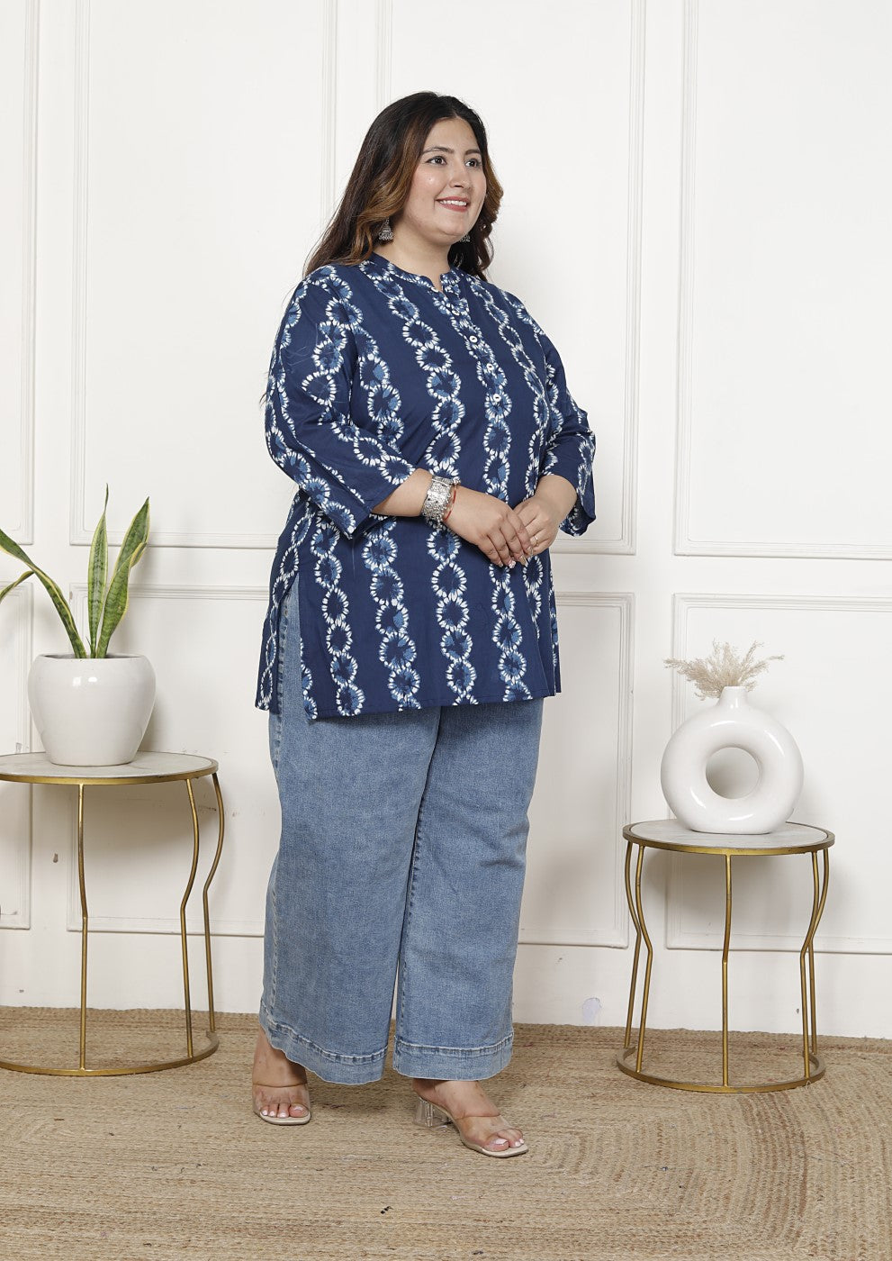 Plus Size Blue Cotton Printed Short Kurta-300019