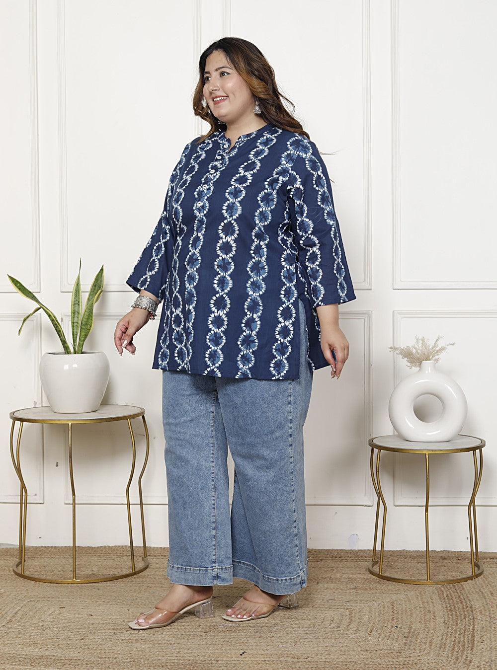 Plus Size Blue Cotton Printed Short Kurta-300019