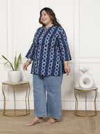 Plus Size Blue Cotton Printed Short Kurta-300019