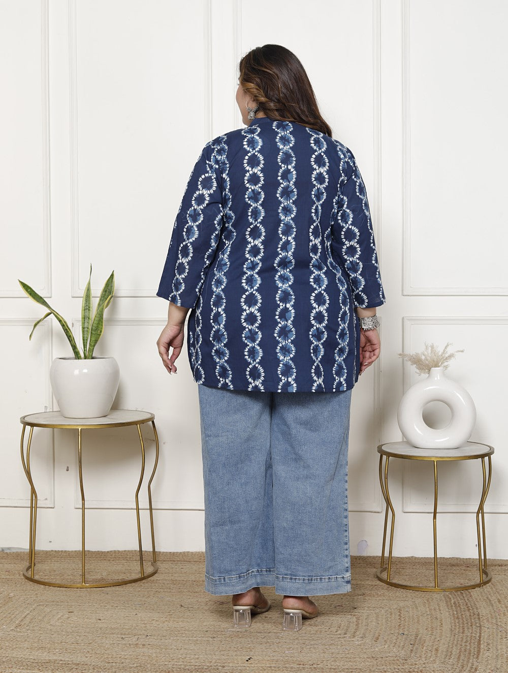 Plus Size Blue Cotton Printed Short Kurta-300019