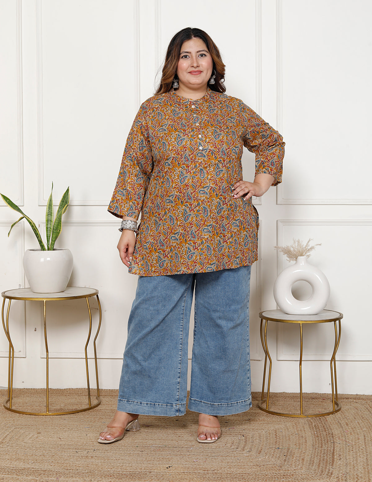Plus Size Mustard Cotton  Floral Print Short Kurta-300020