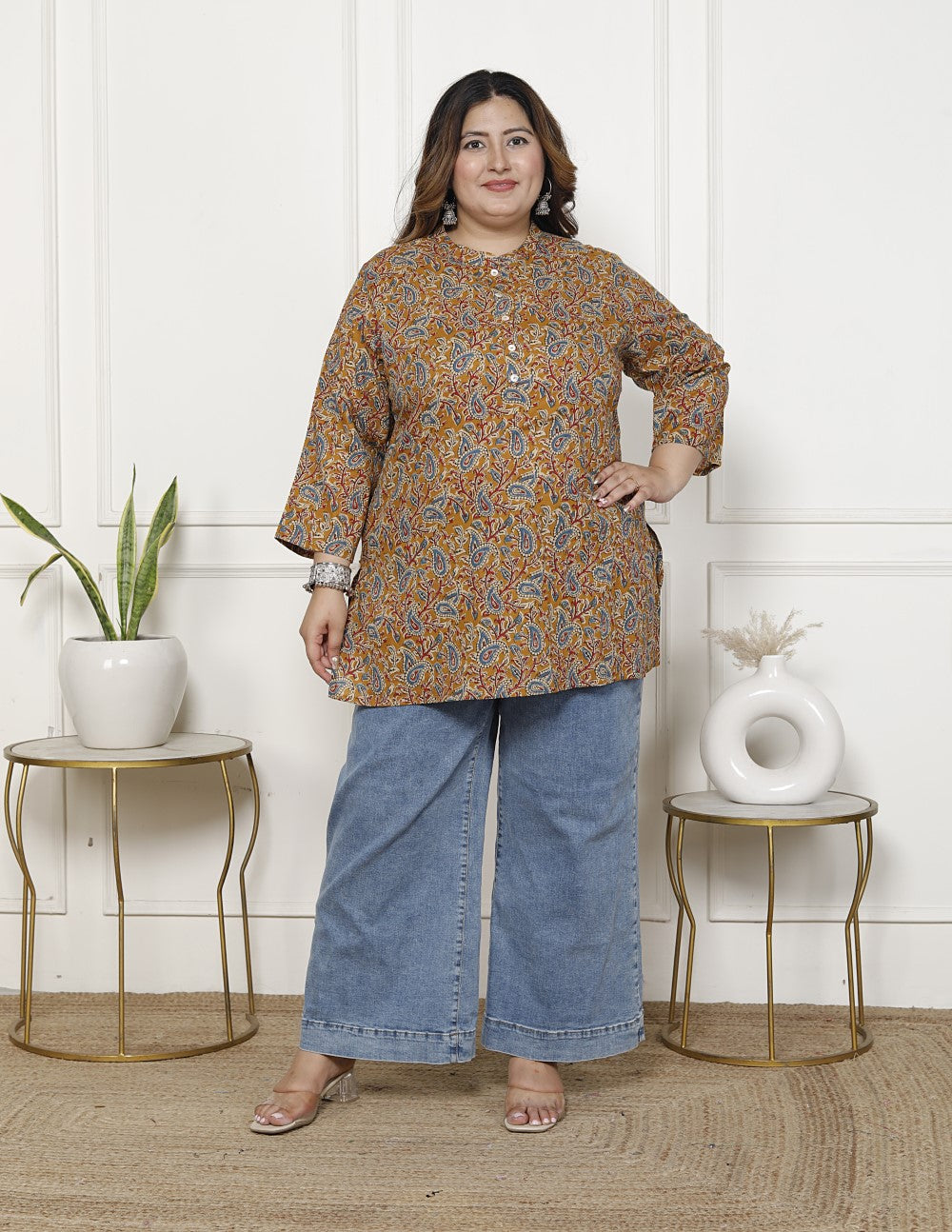 Plus Size Mustard Cotton  Floral Print Short Kurta-300020