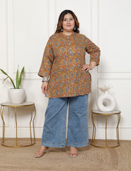 Plus Size Mustard Cotton  Floral Print Short Kurta-300020