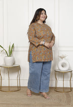 Plus Size Mustard Cotton  Floral Print Short Kurta-300020