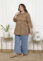 Plus Size Mustard Cotton  Floral Print Short Kurta-300020