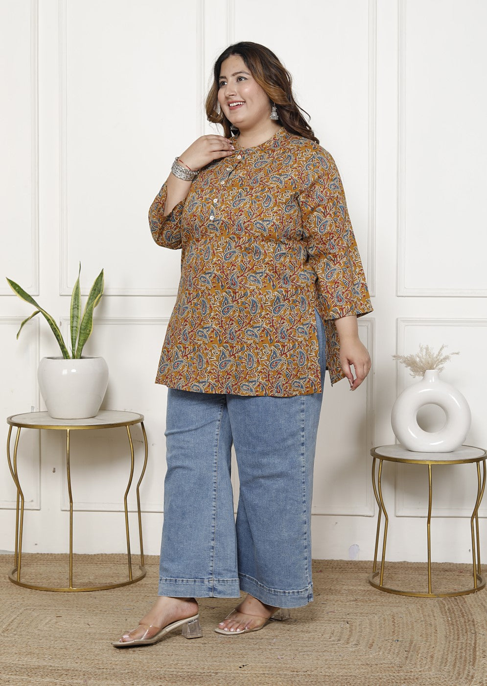 Plus Size Mustard Cotton  Floral Print Short Kurta-300020