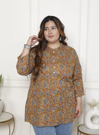 Plus Size Mustard Cotton  Floral Print Short Kurta-300020