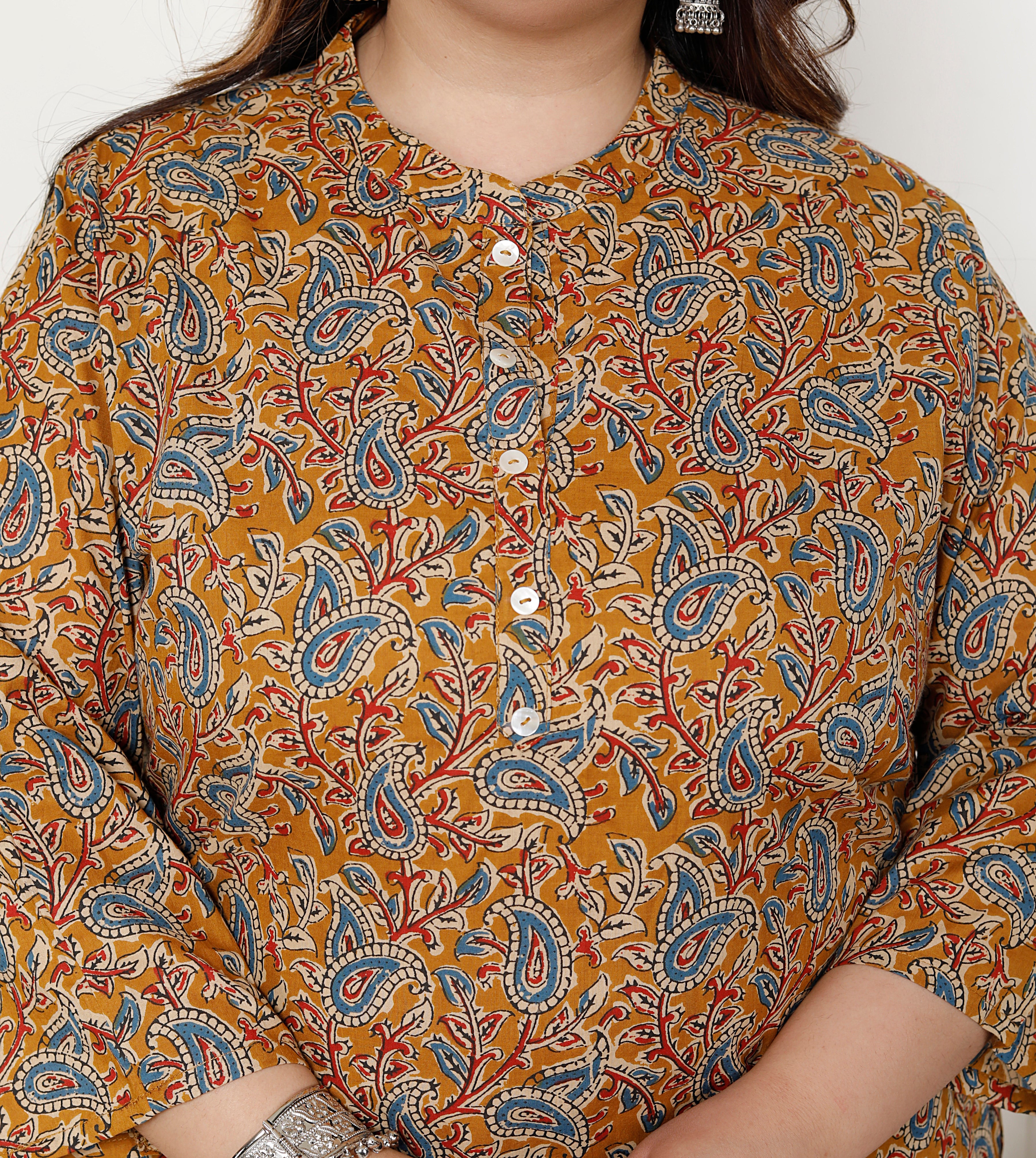 Plus Size Mustard Cotton  Floral Print Short Kurta-300020