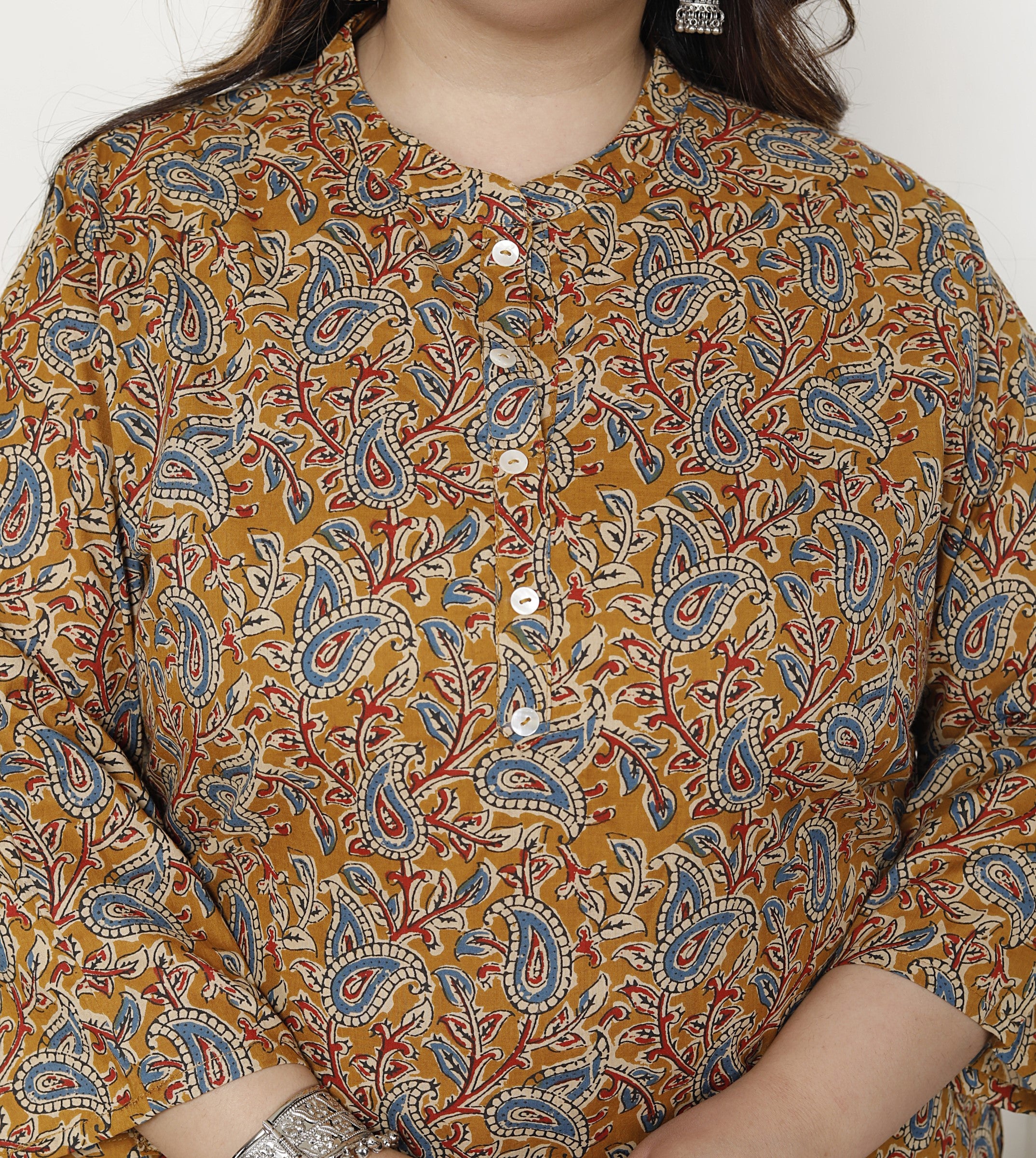 Plus Size Mustard Cotton  Floral Print Short Kurta-300020