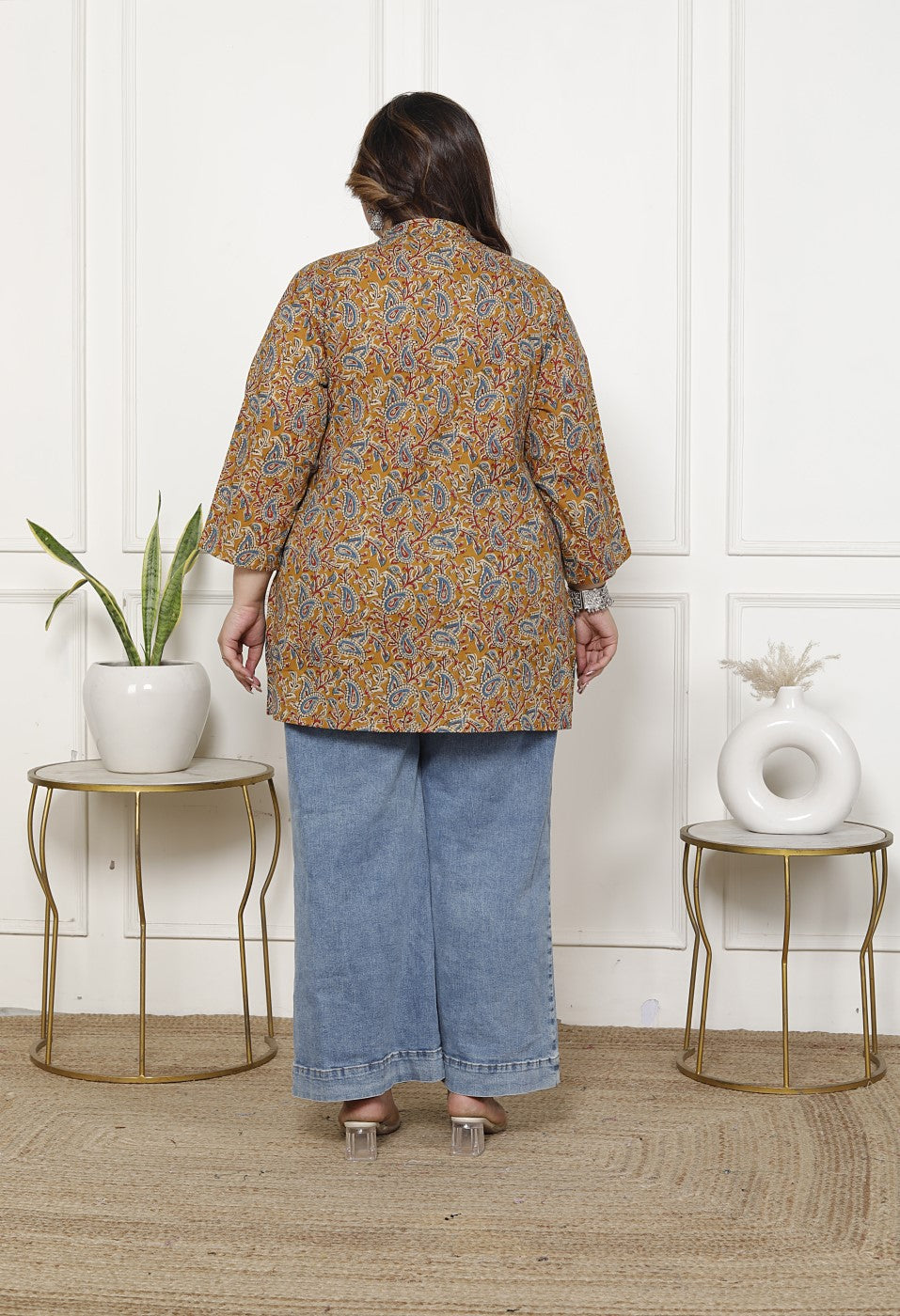 Plus Size Mustard Cotton  Floral Print Short Kurta-300020