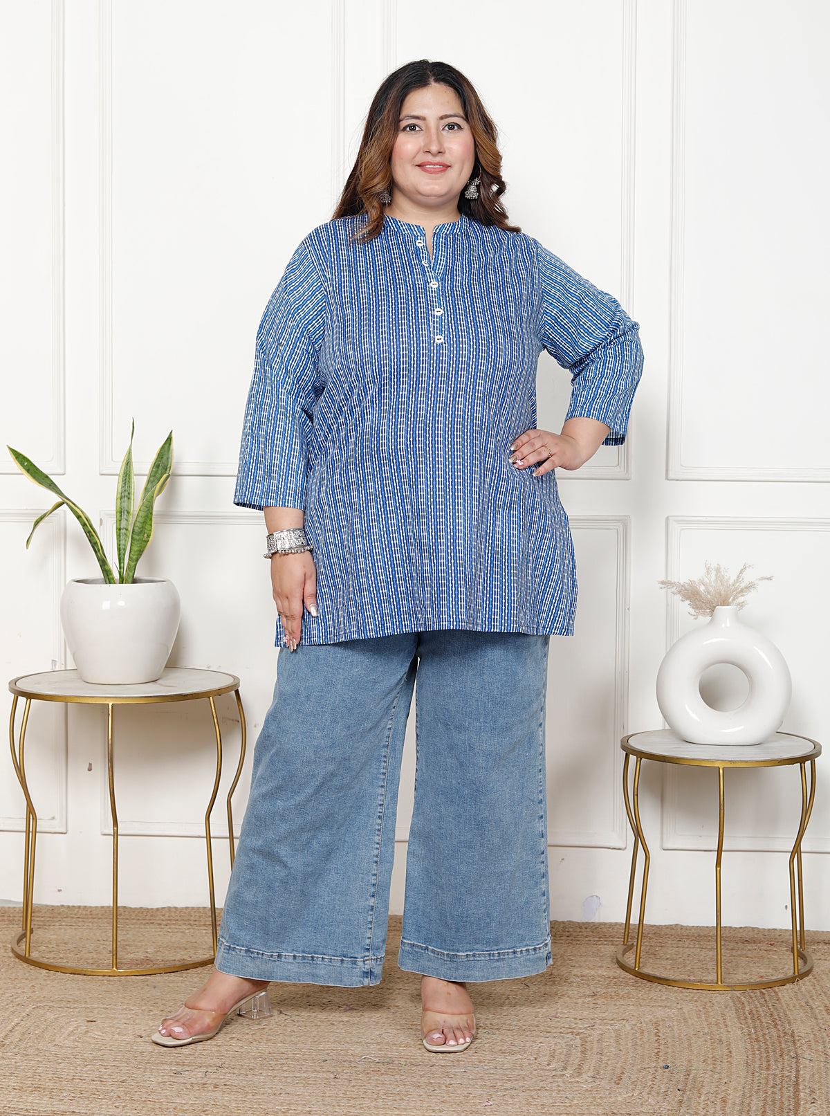 Plus Size Blue Cotton Printed Short Kurta-300021