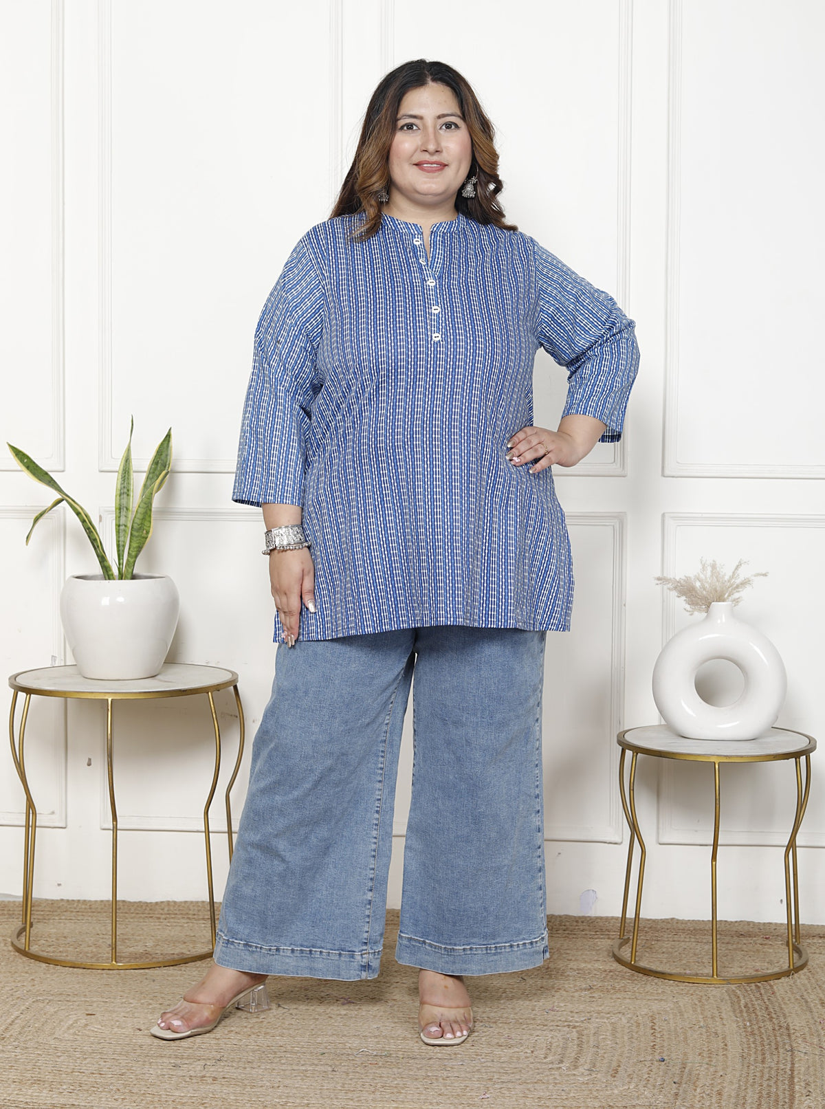 Plus Size Blue Cotton Printed Short Kurta-300021