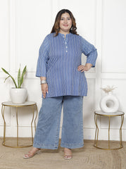 Plus Size Blue Cotton Printed Short Kurta-300021