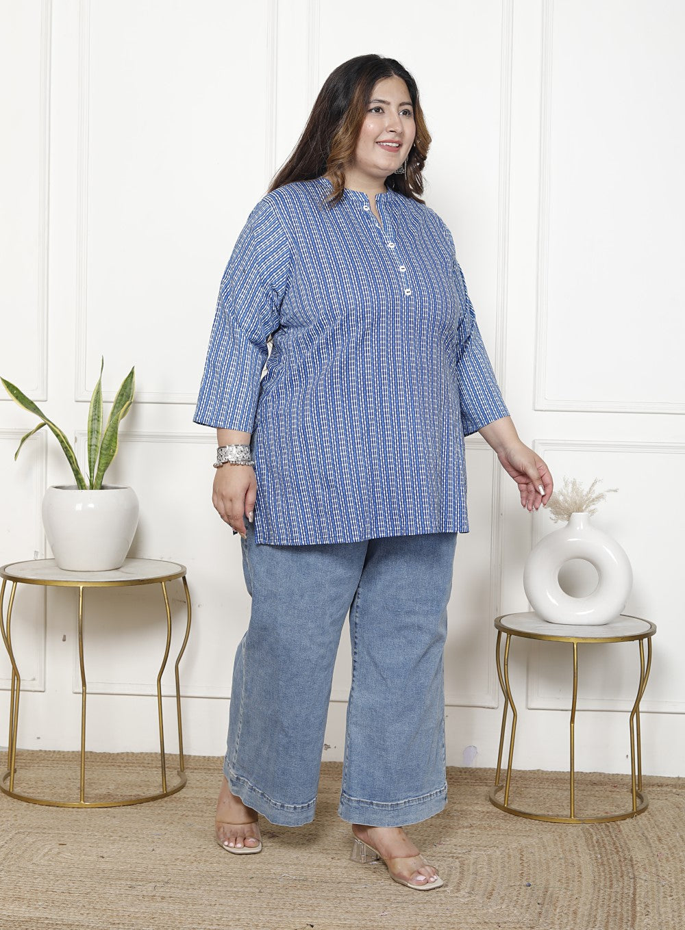 Plus Size Blue Cotton Printed Short Kurta-300021