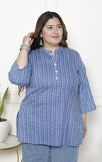 Plus Size Blue Cotton Printed Short Kurta-300021