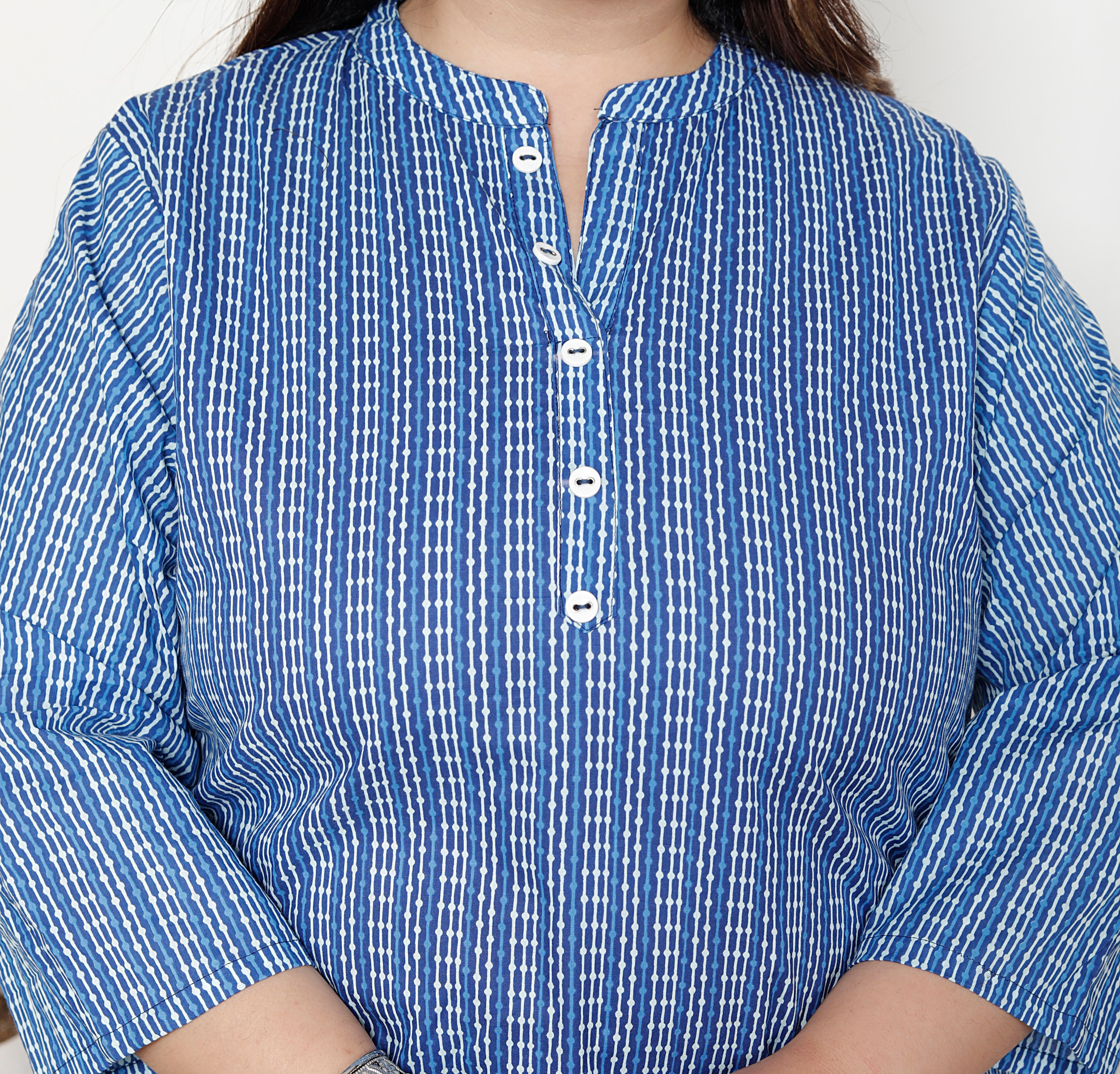 Plus Size Blue Cotton Printed Short Kurta-300021