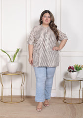 Plus Size White Cotton  Floral Print Short Kurta-300022