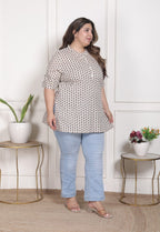 Plus Size White Cotton  Floral Print Short Kurta-300022