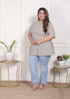 Plus Size White Cotton  Floral Print Short Kurta-300022