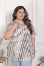 Plus Size White Cotton  Floral Print Short Kurta-300022