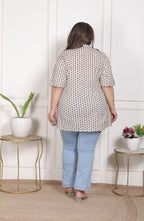 Plus Size White Cotton  Floral Print Short Kurta-300022