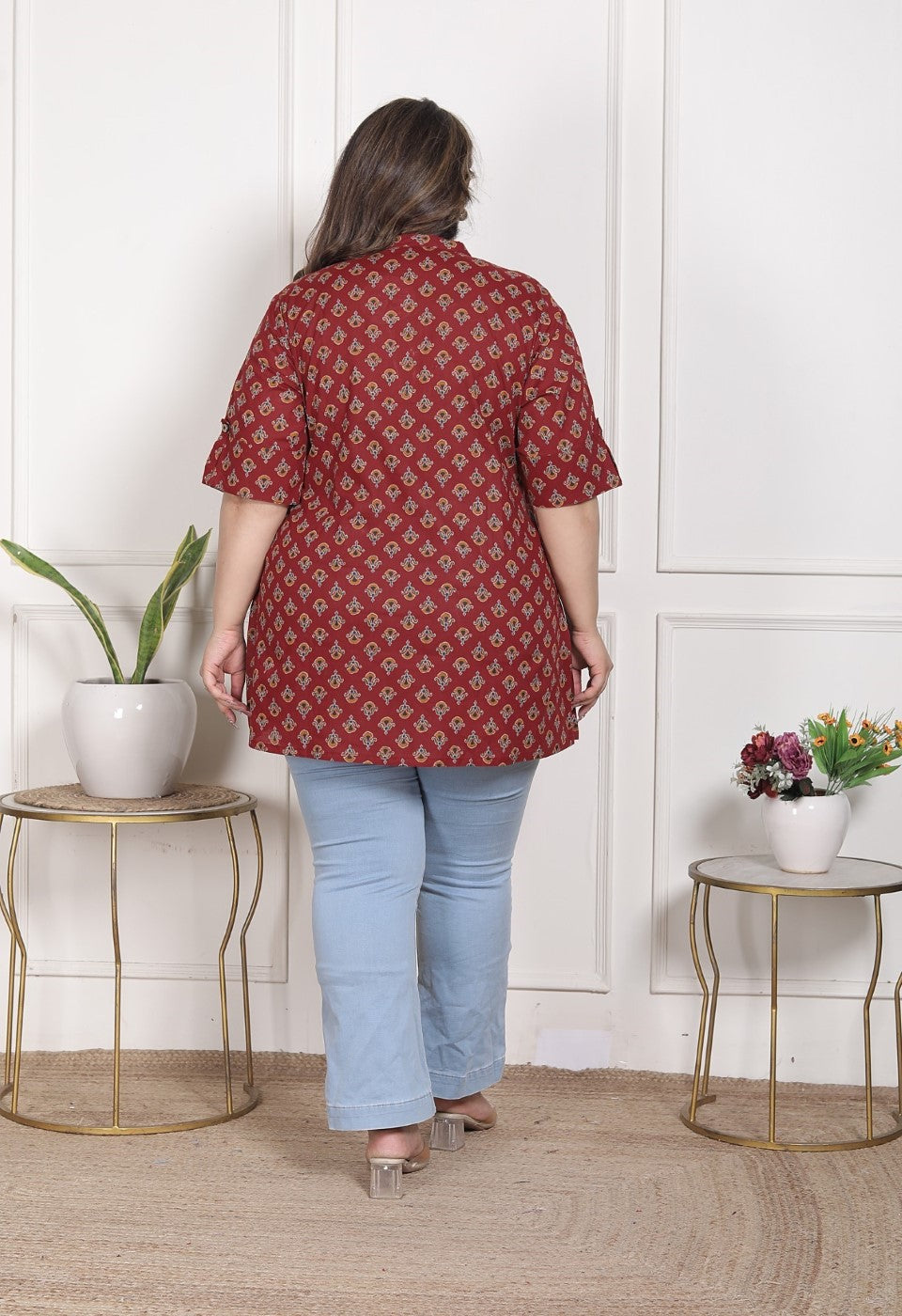 Plus Size Maroon Cotton  Floral Print Short Kurta-300023