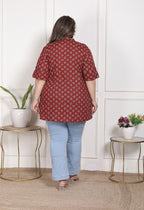 Plus Size Maroon Cotton  Floral Print Short Kurta-300023