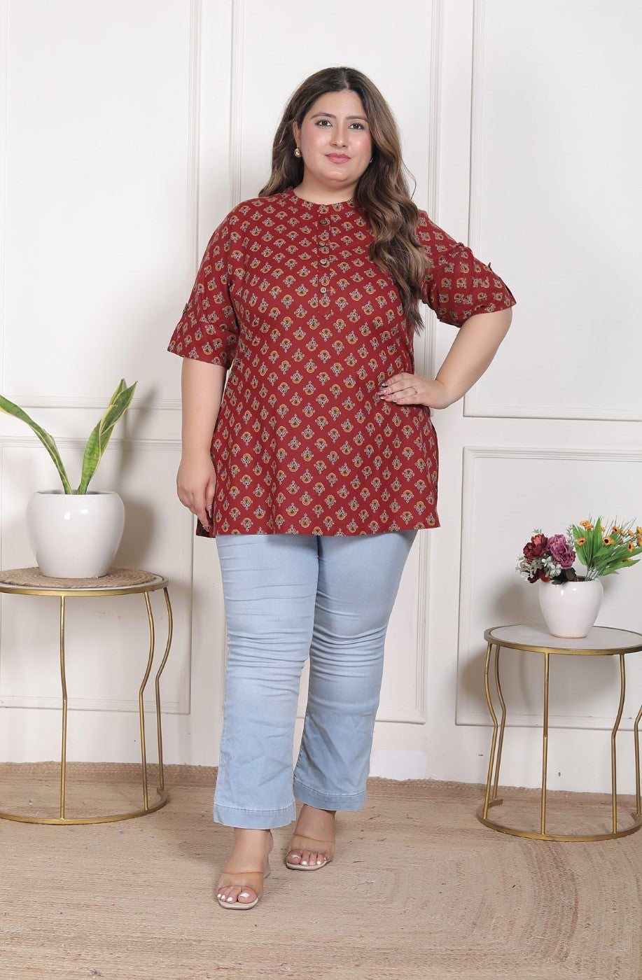 Plus Size Maroon Cotton  Floral Print Short Kurta-300023 Main image