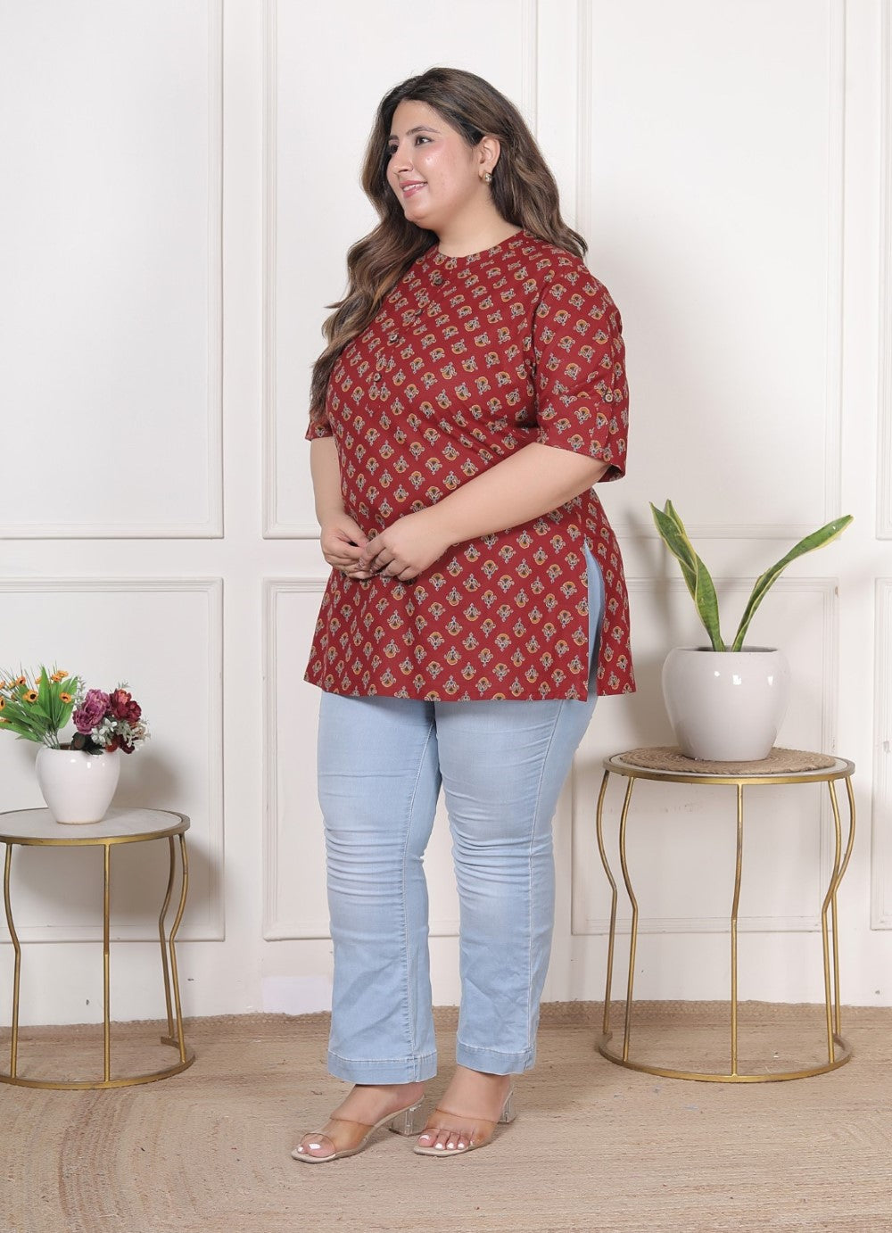 Plus Size Maroon Cotton  Floral Print Short Kurta-300023