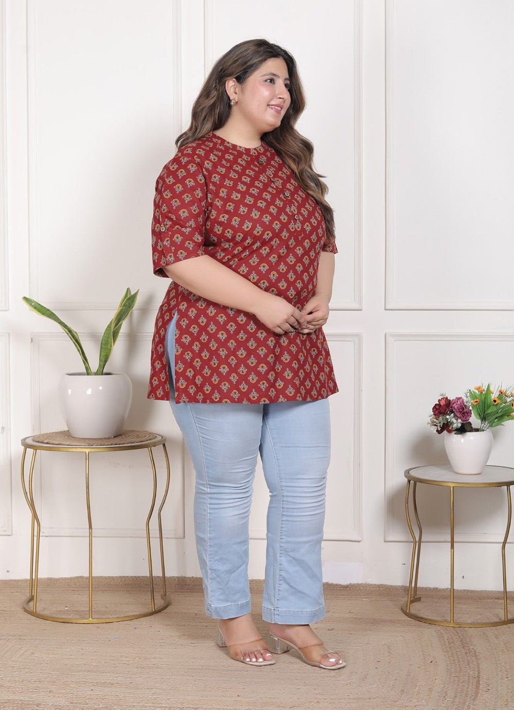 Plus Size Maroon Cotton  Floral Print Short Kurta-300023
