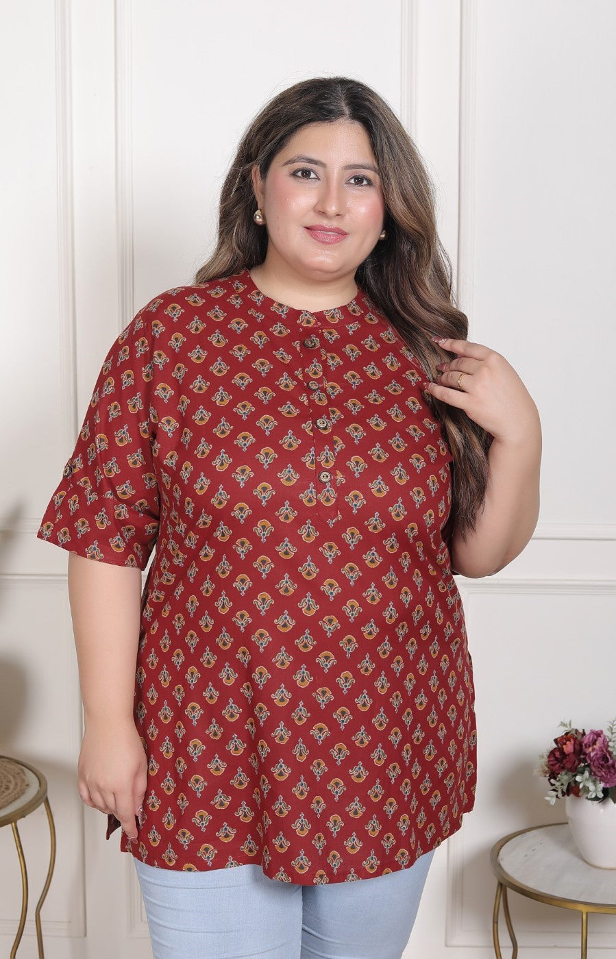 Plus Size Maroon Cotton  Floral Print Short Kurta-300023