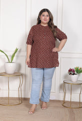 Plus Size Rust Cotton  Floral Print Short Kurta-300024