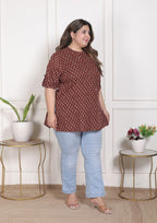 Plus Size Rust Cotton  Floral Print Short Kurta-300024