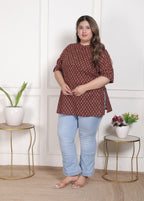 Plus Size Rust Cotton  Floral Print Short Kurta-300024