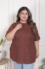 Plus Size Rust Cotton  Floral Print Short Kurta-300024