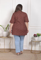 Plus Size Rust Cotton  Floral Print Short Kurta-300024