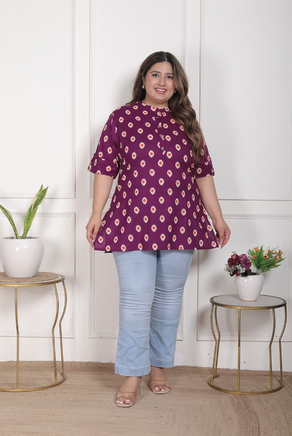 Plus Size Purple Cotton  Floral Print Short Kurta-300025