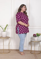 Plus Size Purple Cotton  Floral Print Short Kurta-300025